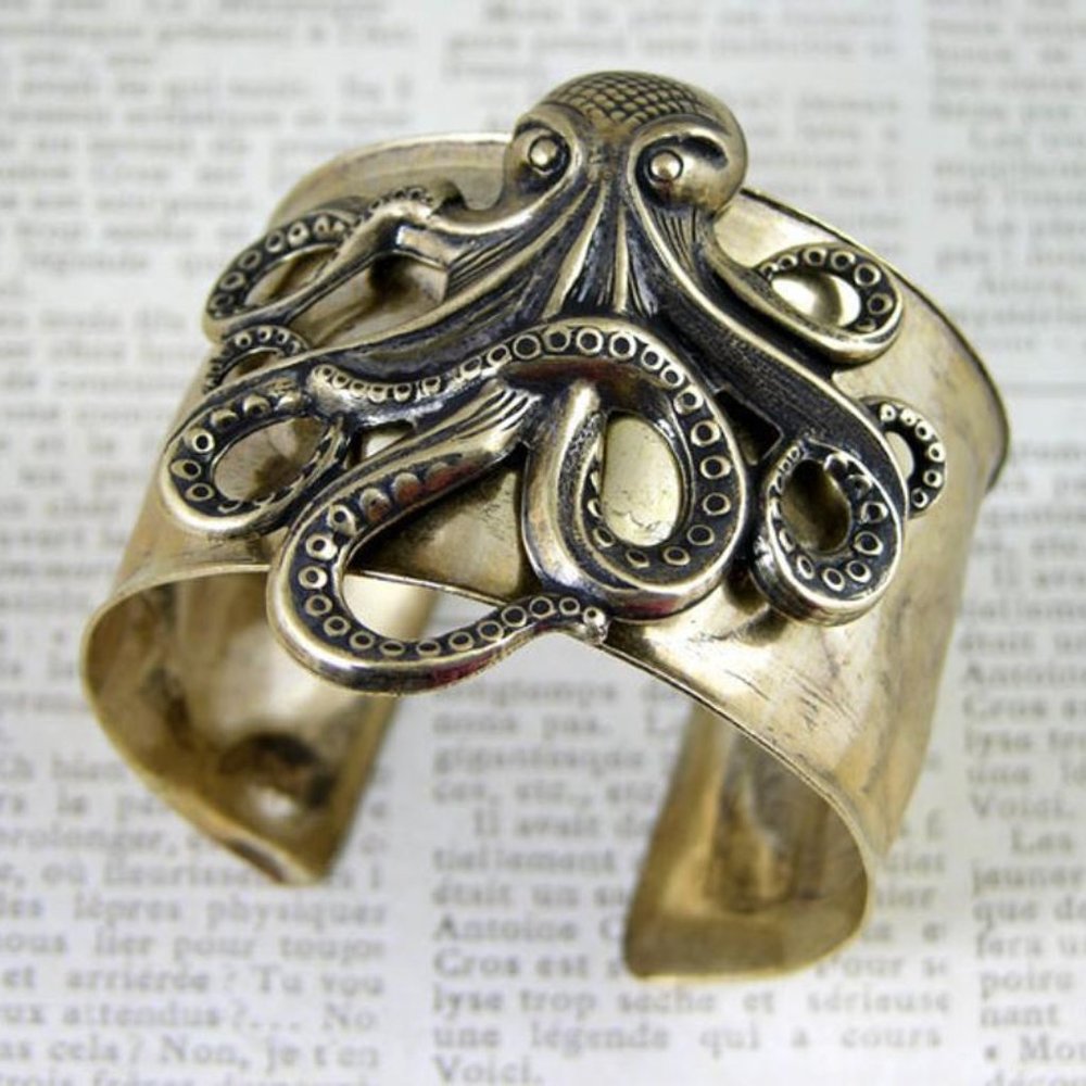 Octopus Cuff Bracelet in Antique Gold, USA Made - Picture 2 of 2